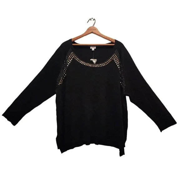 Avenue Top Womens Size 22/24 Black Shimmer Round Neck Studded Slit Pullover - Picture 1 of 9